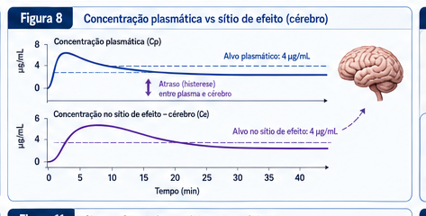 Concentração plasmática (Cp) versus concentração no sítio de efeito - cérebro (Ce): gráfico mostrando o atraso (histerese) entre o alvo plasmático ser atingido e o alvo no sítio de efeito ser atingido.