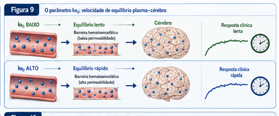 O parâmetro ke0: velocidade de equilíbrio plasma-cérebro. Com ke0 baixo, o equilíbrio é lento e a resposta clínica demora mais; com ke0 alto, o equilíbrio é rápido e a resposta clínica é mais imediata.